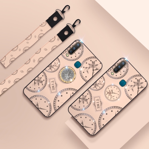 

For Vivo Y17 Fashion Clock Pattern Rhinestone Mobile Phone Shell with Bracket & Hand Rope & Lanyard(Gold)