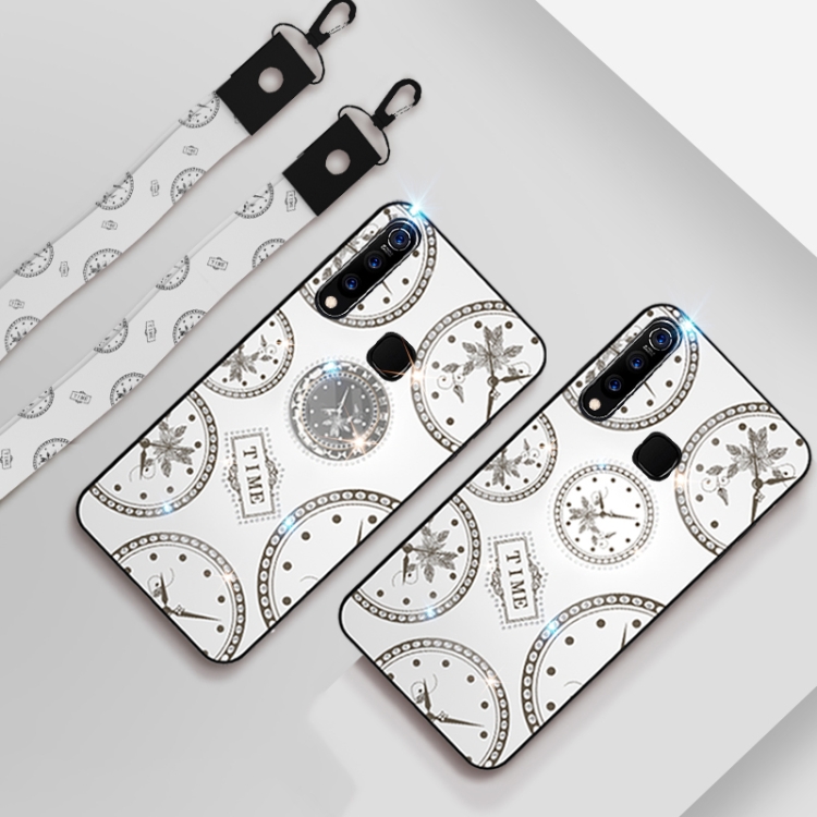 

For Vivo Z5x Fashion Clock Pattern Rhinestone Mobile Phone Shell with Bracket & Hand Rope & Lanyard(White)