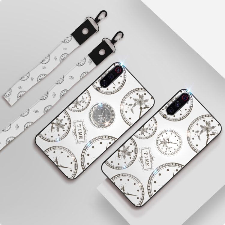 

For Xiaomi 9 SE Fashion Clock Pattern Rhinestone Mobile Phone Shell with Bracket & Hand Rope & Lanyard(White)