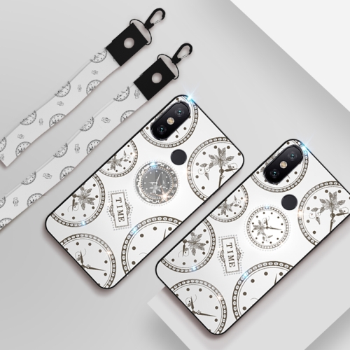 

For Xiaomi Redmi Note 5 Fashion Clock Pattern Rhinestone Mobile Phone Shell with Bracket & Hand Rope & Lanyard(White)