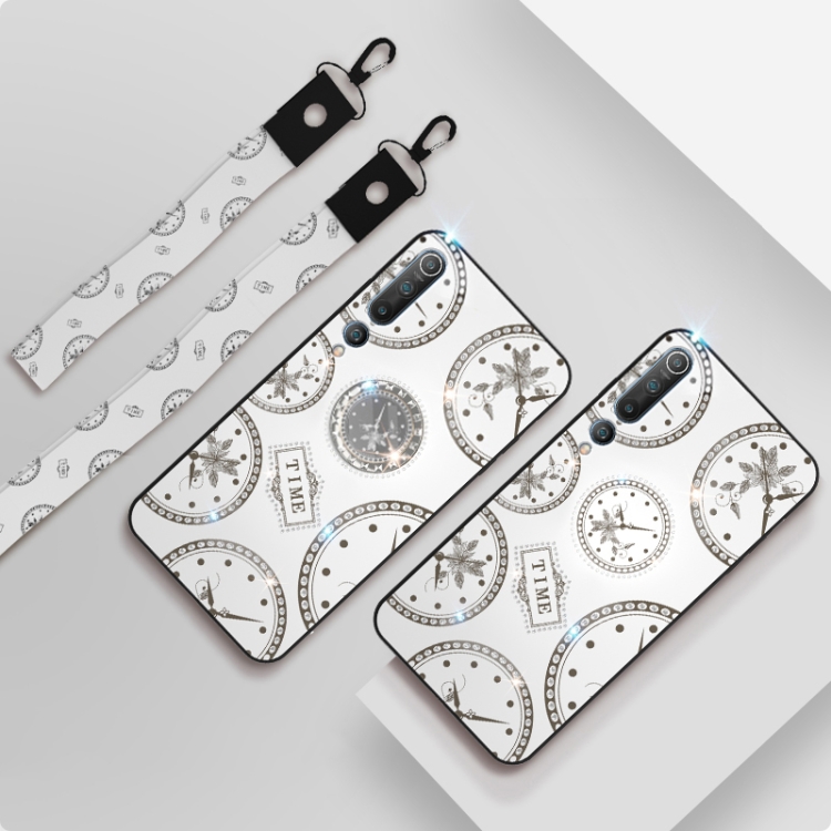 

For Xiaomi Mi 10 Fashion Clock Pattern Rhinestone Mobile Phone Shell with Bracket & Hand Rope & Lanyard(White)