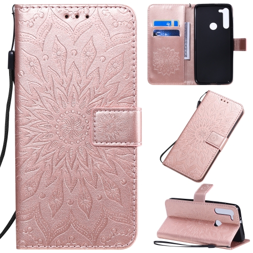 

For Motorola G8 Pressed Printing Sunflower Pattern Horizontal Flip PU Leather Case with Holder & Card Slots & Wallet & Lanyard(Rose Gold)