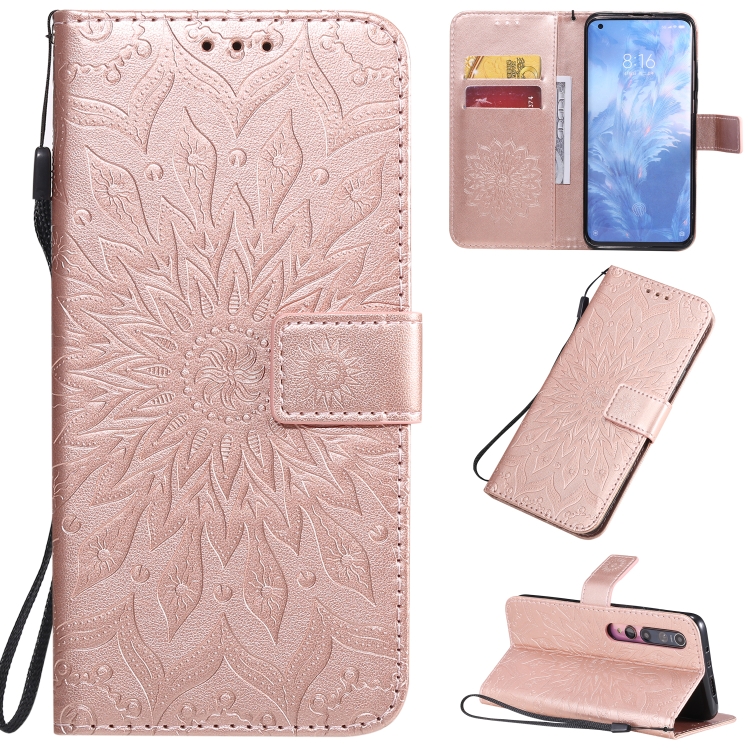 

For Xiaomi MI 10 / 10 Pro Pressed Printing Sunflower Pattern Horizontal Flip PU Leather Case with Holder & Card Slots & Wallet & Lanyard(Rose Gold)