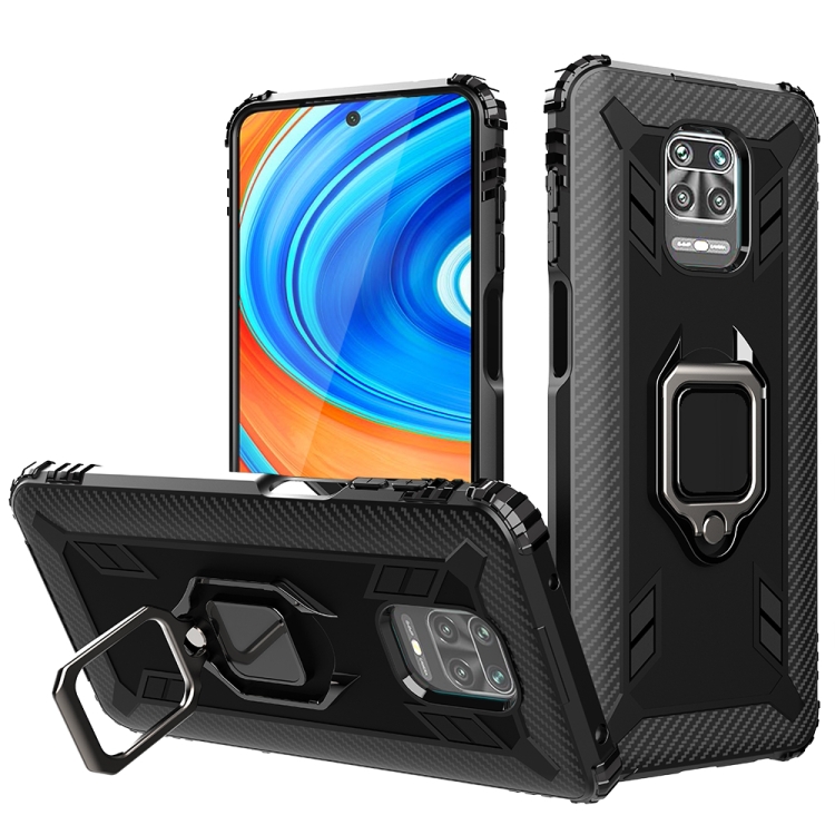 

For Xiaomi Redmi Note 9S Carbon Fiber Protective Case with 360 Degree Rotating Ring Holder(Black)