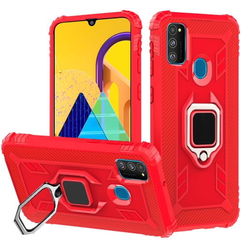 

For Galaxy M21 Carbon Fiber Protective Case with 360 Degree Rotating Ring Holder(Red)