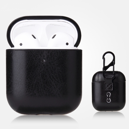 

For AirPods 1 & 2 Anti-fall Crazy Horse Texture PU Leather Protective Case with Carabiner(Black)