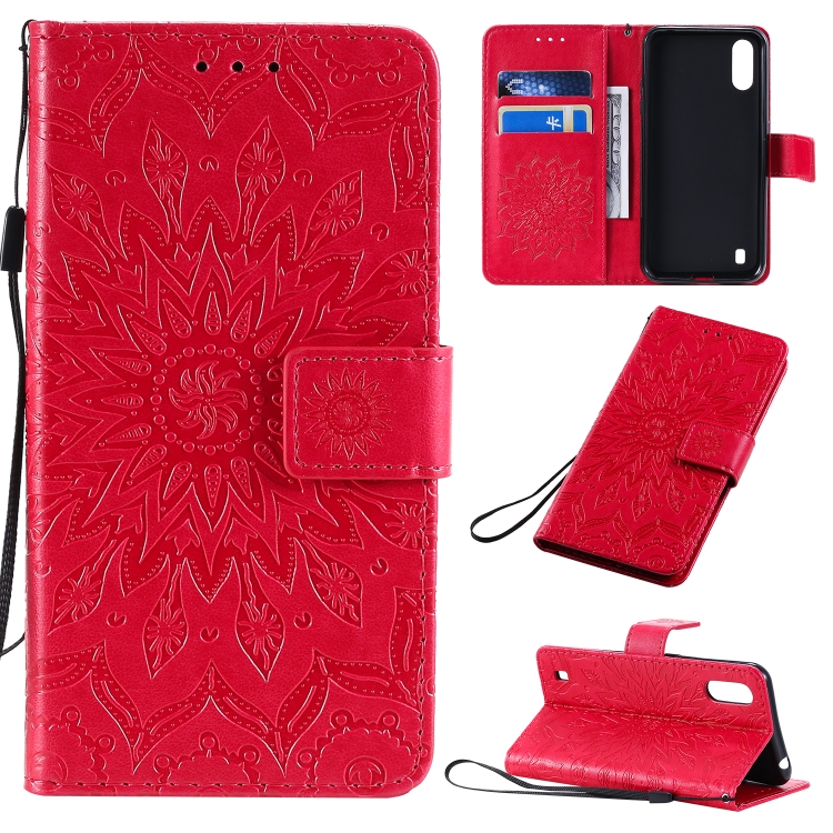 

For Galaxy A01 Pressed Printing Sunflower Pattern Horizontal Flip PU Leather Case with Holder & Card Slots & Wallet & Lanyard(Red)