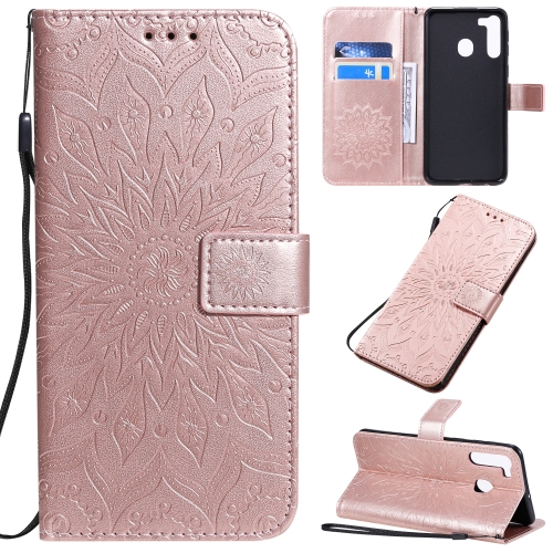 

For Galaxy A21 Pressed Printing Sunflower Pattern Horizontal Flip PU Leather Case with Holder & Card Slots & Wallet & Lanyard(Rose Gold)