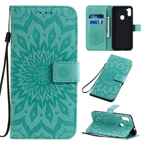 

For Galaxy M11 Pressed Printing Sunflower Pattern Horizontal Flip PU Leather Case with Holder & Card Slots & Wallet & Lanyard(Green)