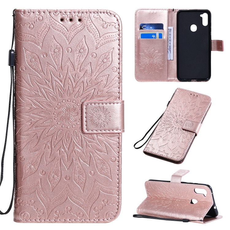 

For Galaxy M11 Pressed Printing Sunflower Pattern Horizontal Flip PU Leather Case with Holder & Card Slots & Wallet & Lanyard(Rose Gold)