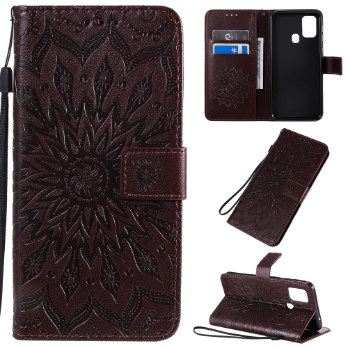 

For Galaxy M31 Pressed Printing Sunflower Pattern Horizontal Flip PU Leather Case with Holder & Card Slots & Wallet & Lanyard(Brown)