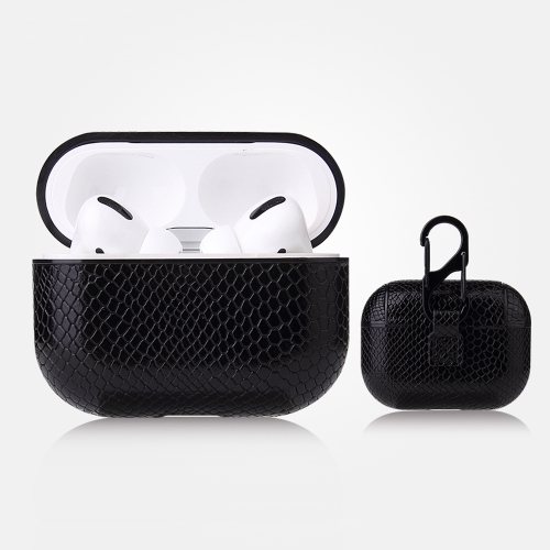 

For AirPods Pro Anti-fall Snakeskin Texture PU Leather Protective Case with Carabiner(Black)