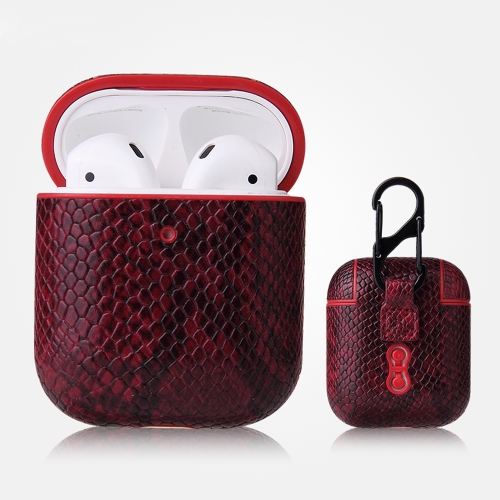 

For AirPods 1 & 2 Anti-fall Snakeskin Texture PU Leather Protective Case with Carabiner(Red)