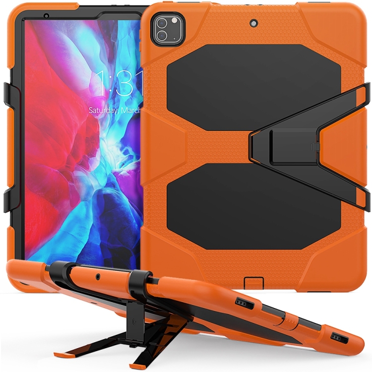 

For iPad Pro 12.9 inch (2020) Shockproof Colorful Silicon + PC Protective Case with Holder & Shoulder Strap & Hand Strap & Pen Slot(Orange)