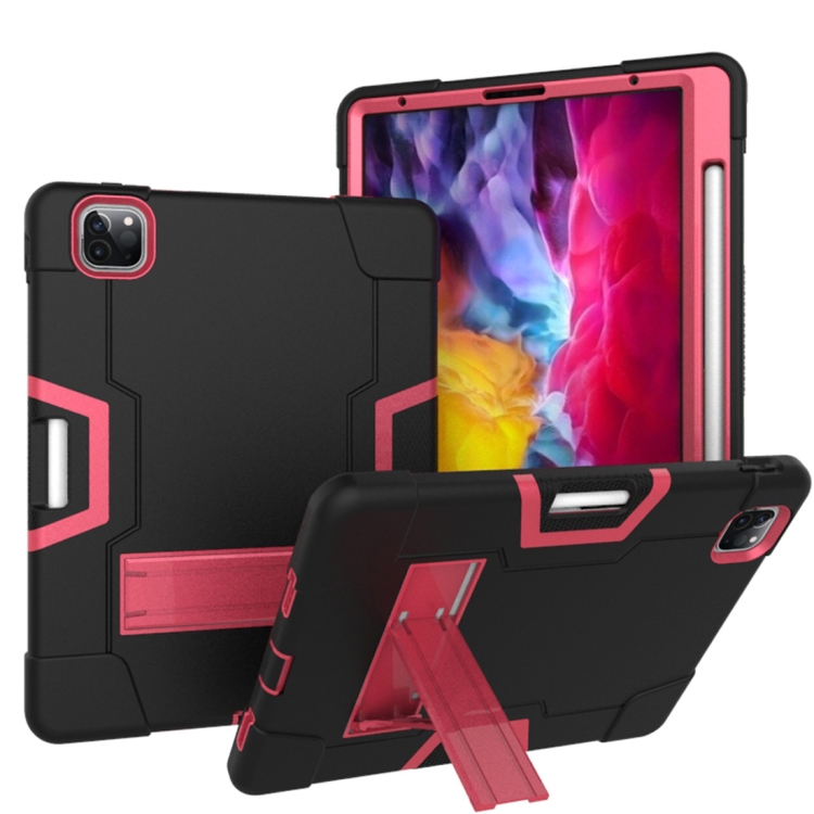 

For iPad Pro 11 inch (2020) Contrast Color Robot Shockproof Silicon + PC Protective Case with Holder & Pen Slot(Black + Rose Red)