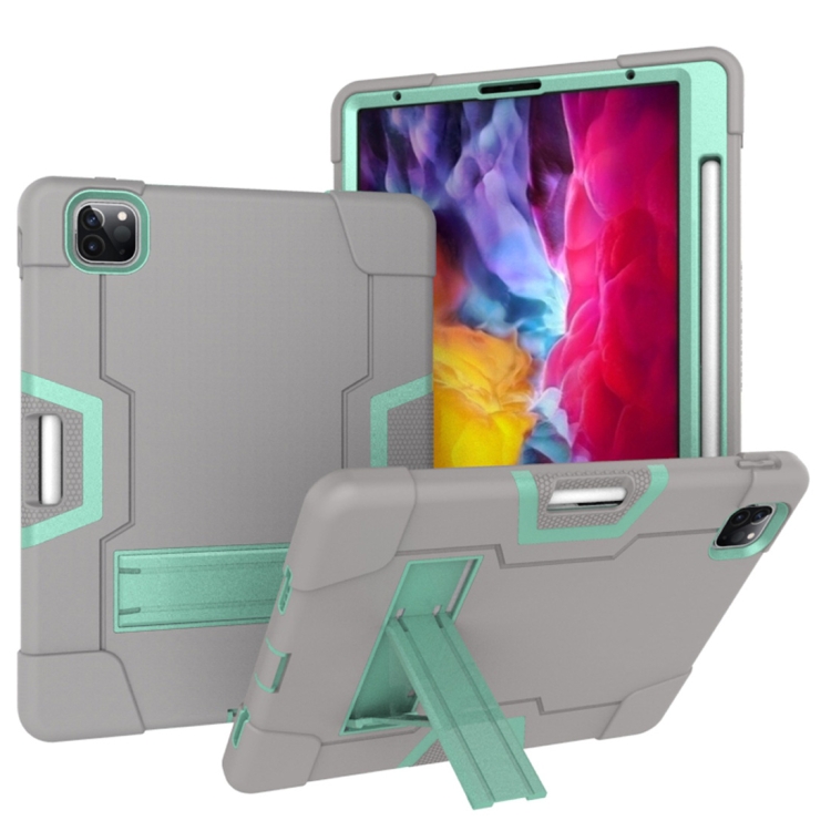 

For iPad Pro 11 inch (2020) Contrast Color Robot Shockproof Silicon + PC Protective Case with Holder & Pen Slot(Grey + Mint Green)