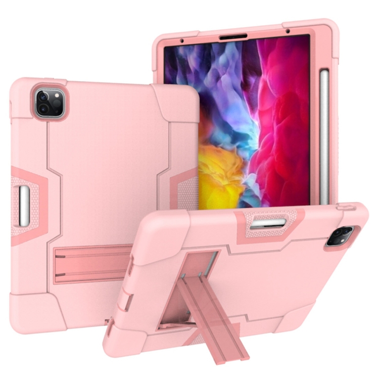 

For iPad Pro 11 inch (2020) Contrast Color Robot Shockproof Silicon + PC Protective Case with Holder & Pen Slot(Rose Gold)