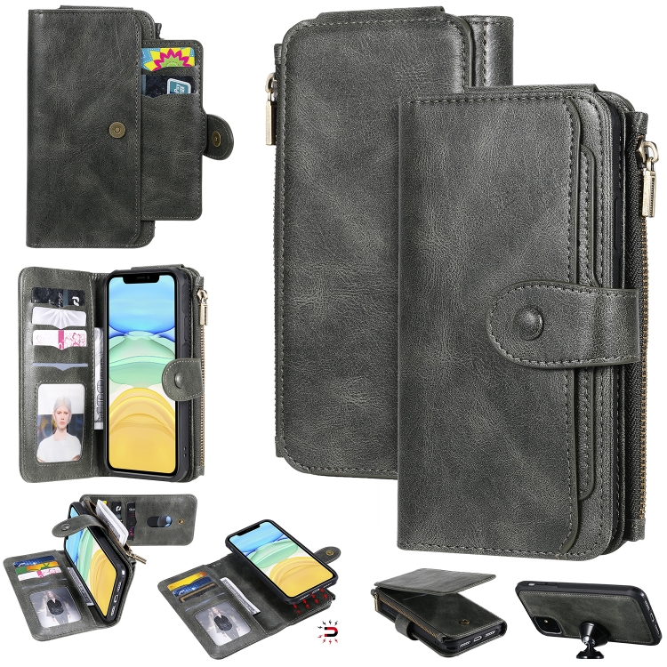 

For iPhone 11 Multifunctional Retro Detachable Magnetic Horizontal Flip Leather Case with Card Slots & Holder & Wallet & Photo Frame(Dark Green)