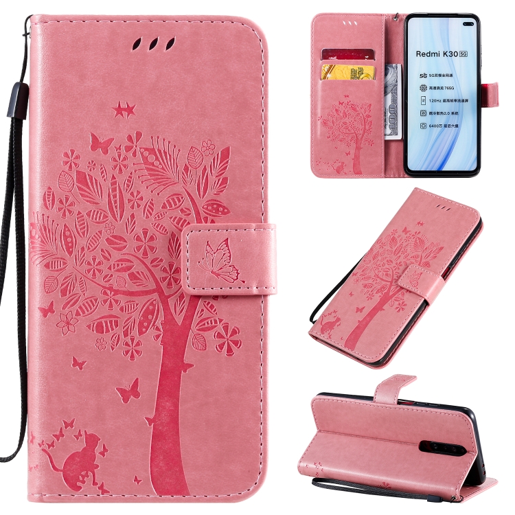 

For Xiaomi Redmi K30 Tree & Cat Pattern Pressed Printing Horizontal Flip PU Leather Case with Holder & Card Slots & Wallet & Lanyard(Pink)