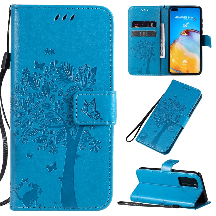 

For Huawei P40 Tree & Cat Pattern Pressed Printing Horizontal Flip PU Leather Case with Holder & Card Slots & Wallet & Lanyard(Blue)