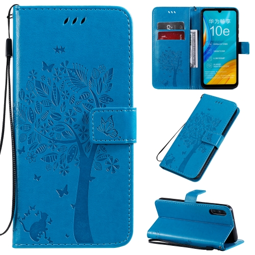 

For Huawei Enjoy 10e Tree & Cat Pattern Pressed Printing Horizontal Flip PU Leather Case with Holder & Card Slots & Wallet & Lanyard(Blue)