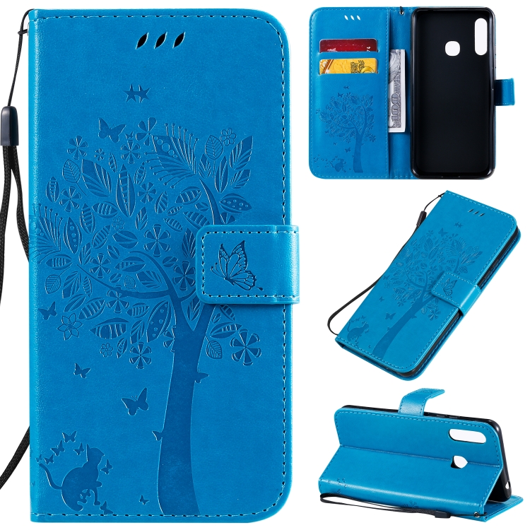 

For Galaxy A70e Tree & Cat Pattern Pressed Printing Horizontal Flip PU Leather Case with Holder & Card Slots & Wallet & Lanyard(Blue)