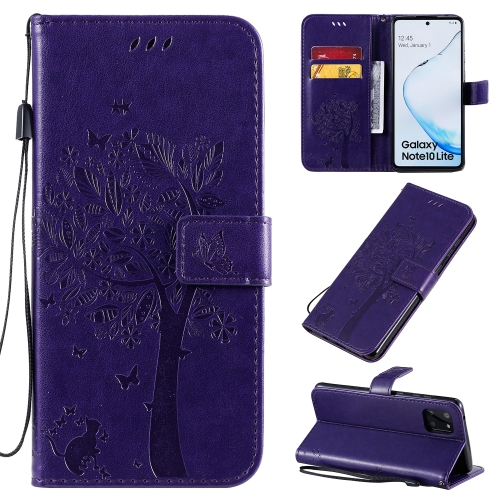 

For Galaxy A81 / M60S Tree & Cat Pattern Pressed Printing Horizontal Flip PU Leather Case with Holder & Card Slots & Wallet & Lanyard(Purple)