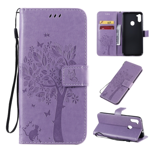 

For Galaxy M11 / A11 Tree & Cat Pattern Pressed Printing Horizontal Flip PU Leather Case with Holder & Card Slots & Wallet & Lanyard(Light Purple)