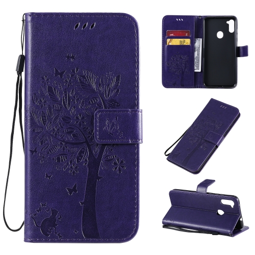 

For Galaxy M11 / A11 Tree & Cat Pattern Pressed Printing Horizontal Flip PU Leather Case with Holder & Card Slots & Wallet & Lanyard(Purple)