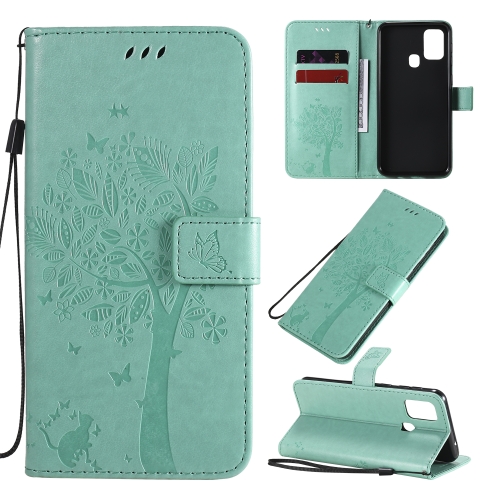 

For Galaxy M31 Tree & Cat Pattern Pressed Printing Horizontal Flip PU Leather Case with Holder & Card Slots & Wallet & Lanyard(Green)