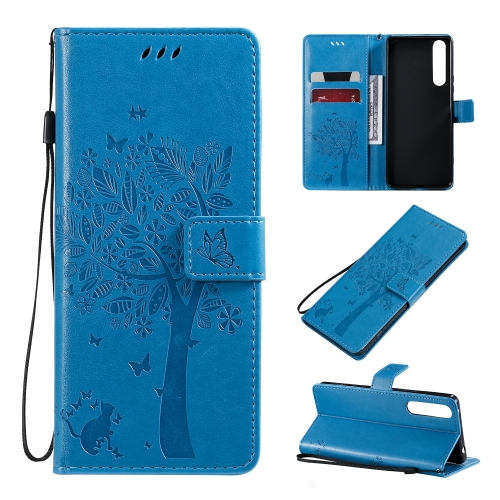 

For Sony Xperia 1 II Tree & Cat Pattern Pressed Printing Horizontal Flip PU Leather Case with Holder & Card Slots & Wallet & Lanyard(Blue)