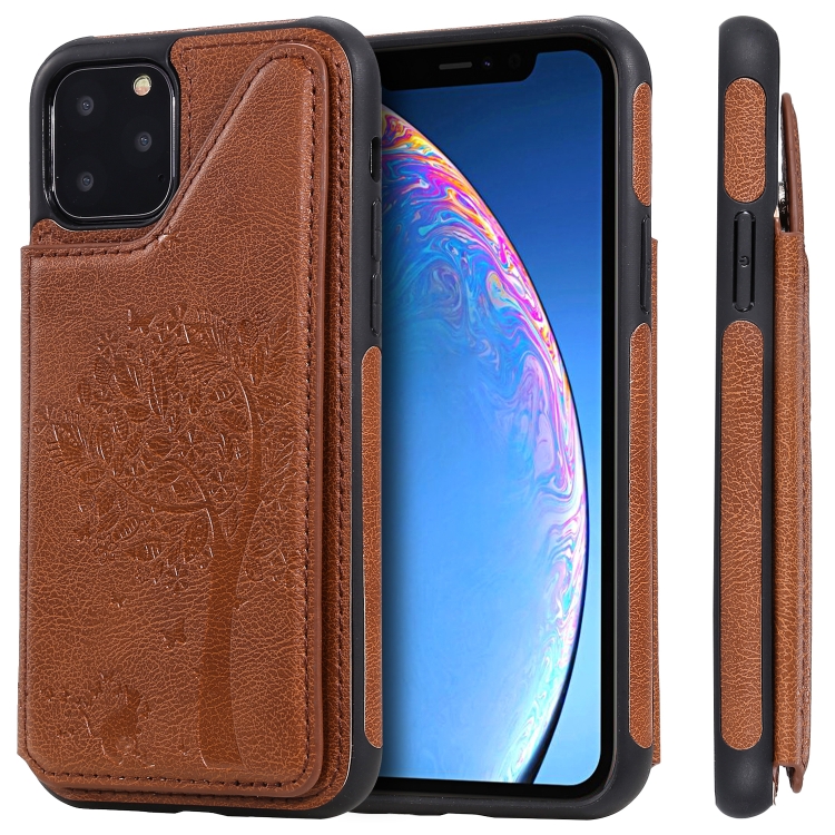 

For iPhone 11 Pro Cat Tree Embossing Pattern Shockproof Protective Case with Card Slots & Photo Frame & Holder(Brown)