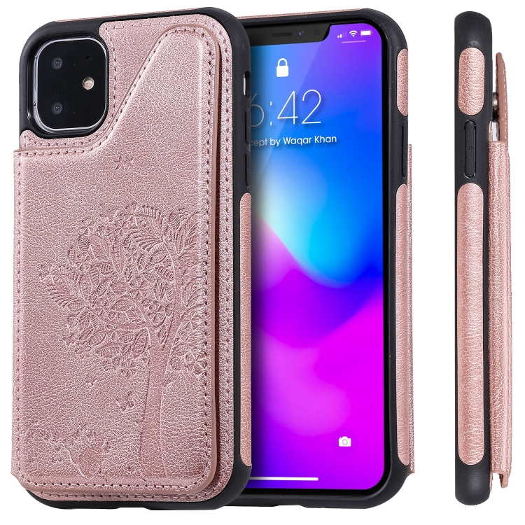 

For iPhone 11 Cat Tree Embossing Pattern Shockproof Protective Case with Card Slots & Photo Frame & Holder(Rose Gold)