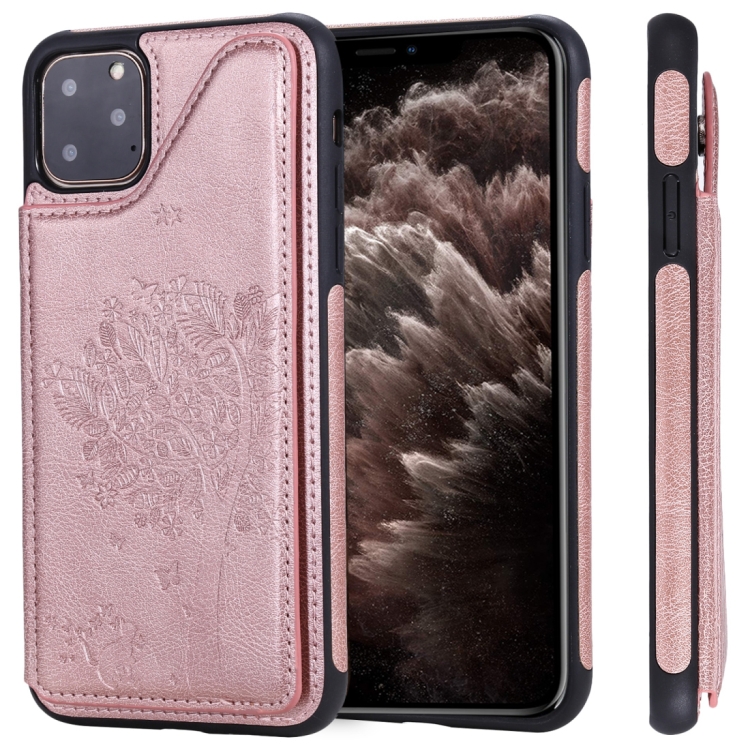 

For iPhone 11 Pro Max Cat Tree Embossing Pattern Shockproof Protective Case with Card Slots & Photo Frame & Holder(Rose Gold)