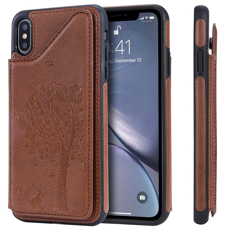 

For iPhone XS Max Cat Tree Embossing Pattern Shockproof Protective Case with Card Slots & Photo Frame & Holder(Brown)