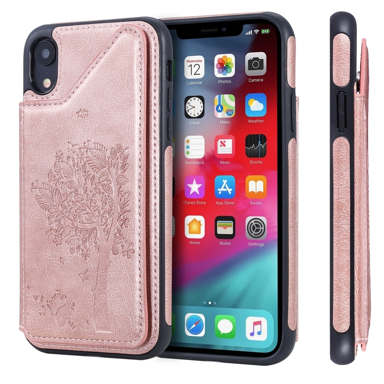 

For iPhone XR Cat Tree Embossing Pattern Shockproof Protective Case with Card Slots & Photo Frame & Holder(Rose Gold)