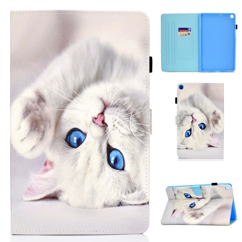 

For Galaxy Tab S6 Lite Sewing Thread Horizontal Painted Flat Leather Case with Pen Cover & Anti Skid Strip & Card Slot & Holder(White Cat)