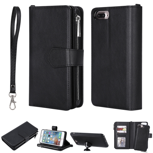 

For iPhone 7 Plus / 8 Plus 2 in 1 Solid Color Zipper Shockproof Protective Case with Card Slots & Bracket & Photo Holder & Wallet Function(Black)