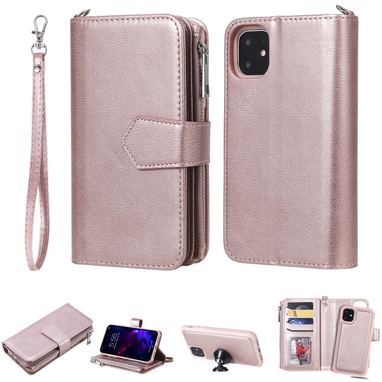 

For iPhone 11 2 in 1 Solid Color Zipper Shockproof Protective Case with Card Slots & Bracket & Photo Holder & Wallet Function(Rose Gold)