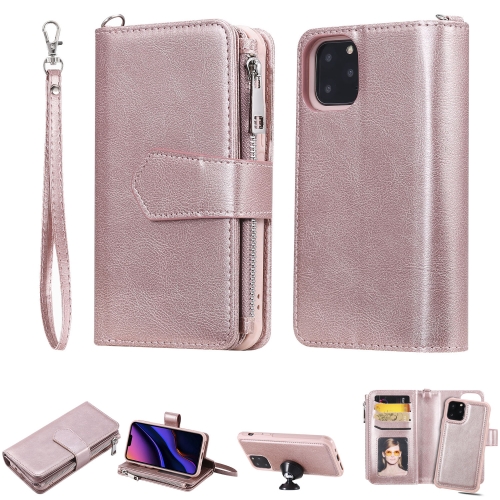 

For iPhone 11 Pro 2 in 1 Solid Color Zipper Shockproof Protective Case with Card Slots & Bracket & Photo Holder & Wallet Function(Rose Gold)