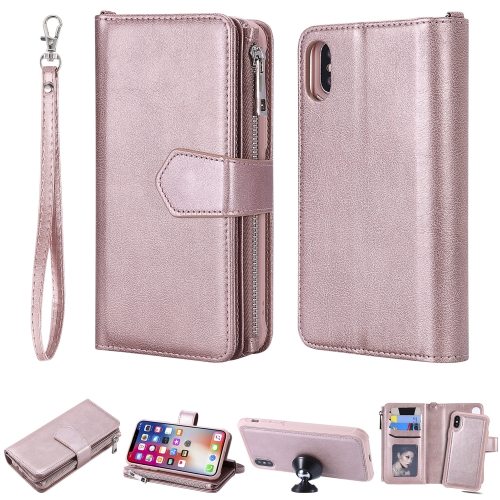 

For iPhone XS / X 2 in 1 Solid Color Zipper Shockproof Protective Case with Card Slots & Bracket & Photo Holder & Wallet Function(Rose Gold)