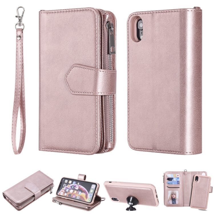 

For iPhone XR 2 in 1 Solid Color Zipper Shockproof Protective Case with Card Slots & Bracket & Photo Holder & Wallet Function(Rose Gold)