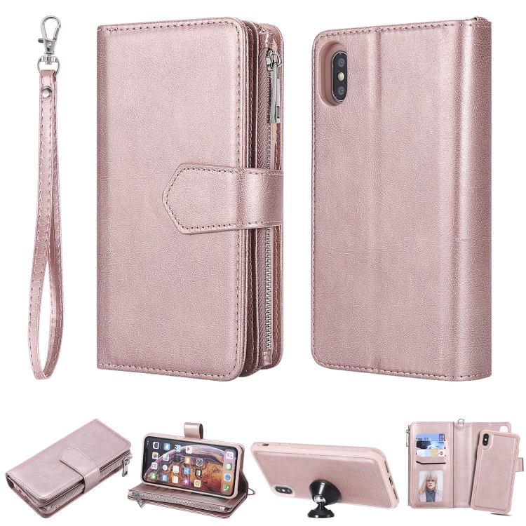 

For iPhone XS Max 2 in 1 Solid Color Zipper Shockproof Protective Case with Card Slots & Bracket & Photo Holder & Wallet Function(Rose Gold)