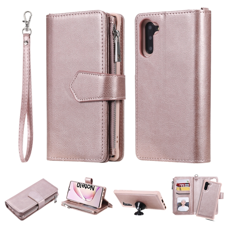 

For Galaxy Note 10 2 in 1 Solid Color Zipper Shockproof Protective Case with Card Slots & Bracket & Photo Holder & Wallet Function(Rose Gold)