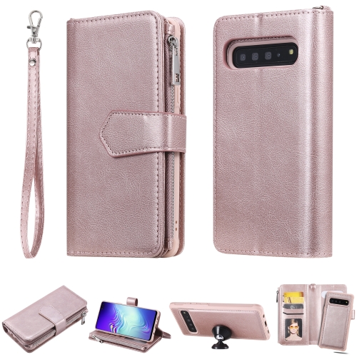 

For Galaxy S10 5G 2 in 1 Solid Color Zipper Shockproof Protective Case with Card Slots & Bracket & Photo Holder & Wallet Function(Rose Gold)