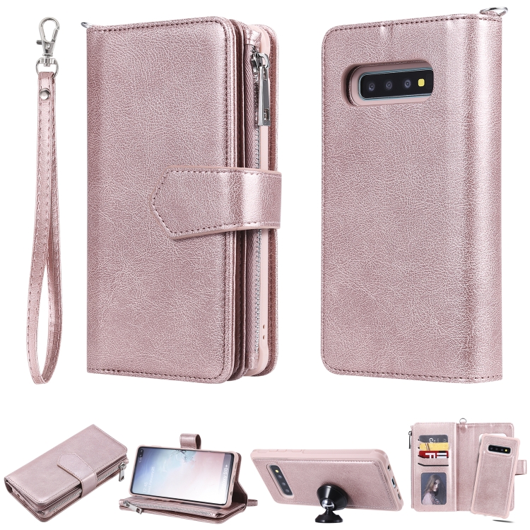 

For Galaxy S10 Plus 2 in 1 Solid Color Zipper Shockproof Protective Case with Card Slots & Bracket & Photo Holder & Wallet Function(Rose Gold)