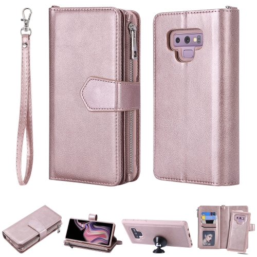 

For Galaxy Note9 2 in 1 Solid Color Zipper Shockproof Protective Case with Card Slots & Bracket & Photo Holder & Wallet Function(Rose Gold)