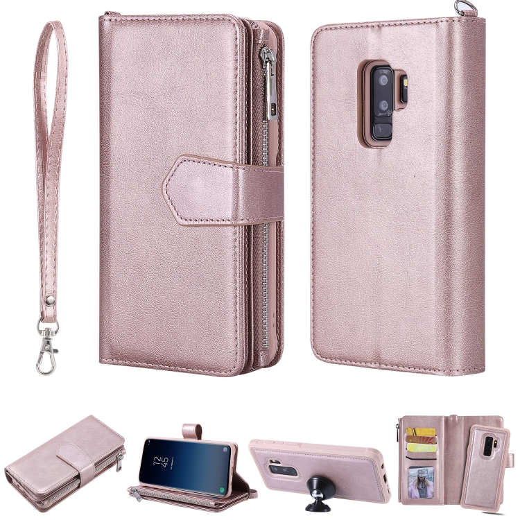 

For Galaxy S9 Plus 2 in 1 Solid Color Zipper Shockproof Protective Case with Card Slots & Bracket & Photo Holder & Wallet Function(Rose Gold)
