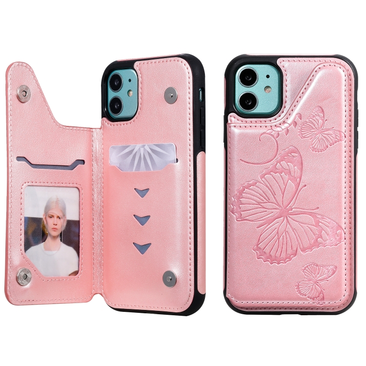 

For iPhone 11 Pro Butterfly Embossing Pattern Shockproof Protective Case with Holder & Card Slots & Photo Frame(Rose Gold)
