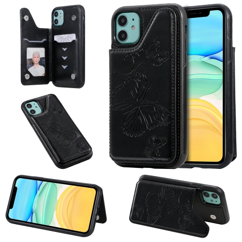 

For iPhone 11 Butterfly Embossing Pattern Shockproof Protective Case with Holder & Card Slots & Photo Frame(Black)